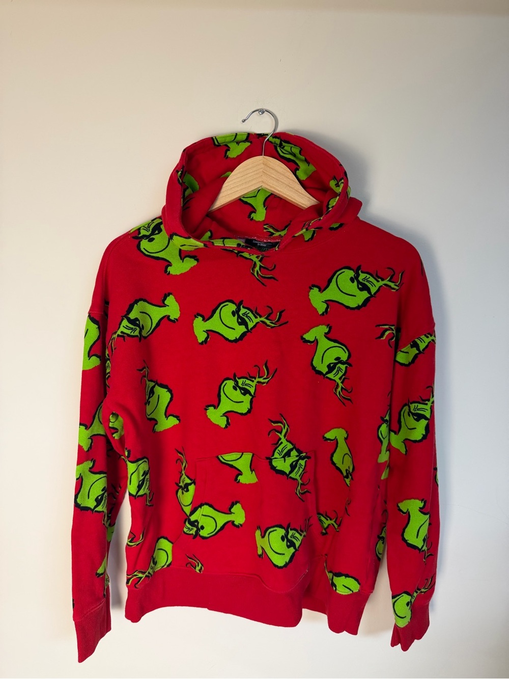 Forever 21 Red Hoodie with Neon Green Grinch Motif
